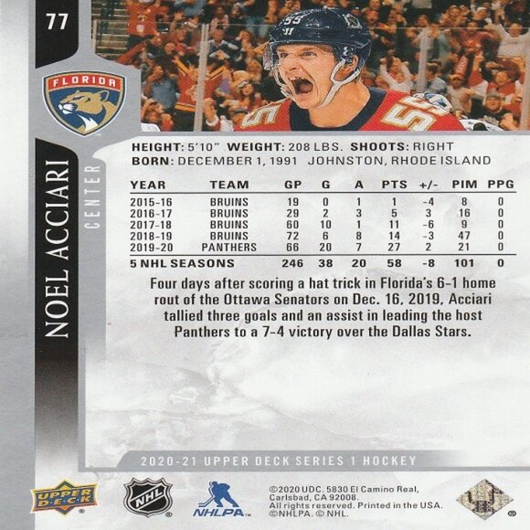 Noel Acciari - 2020/2021 Upper Deck Series 1 Hockey Card - Picture 2 of 2